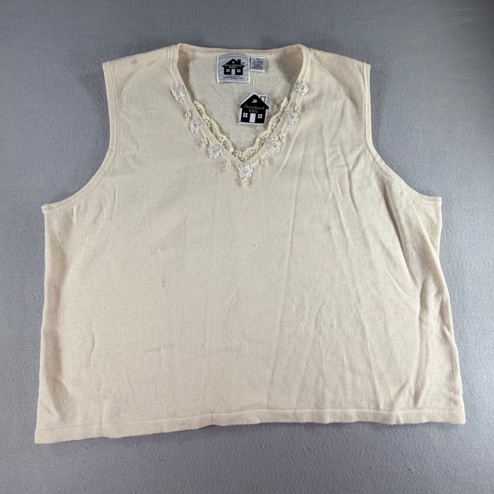 Storybook Knits Women's Plus Size 3X Ivory Floral Applique‎ V-Neck Sweater Vest